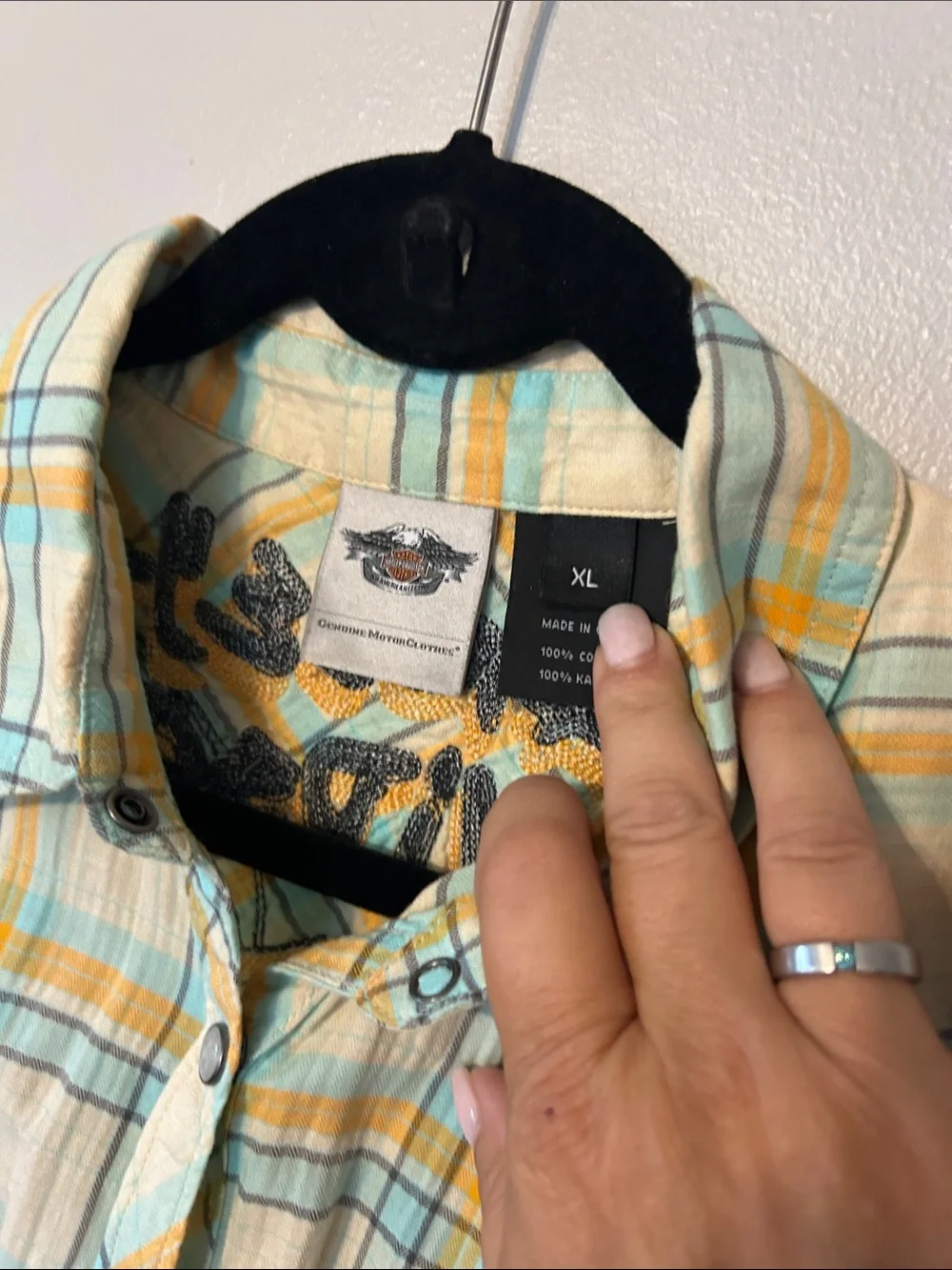 Harley-Davidson plaid button-up shirt in mint green, yellow and cream